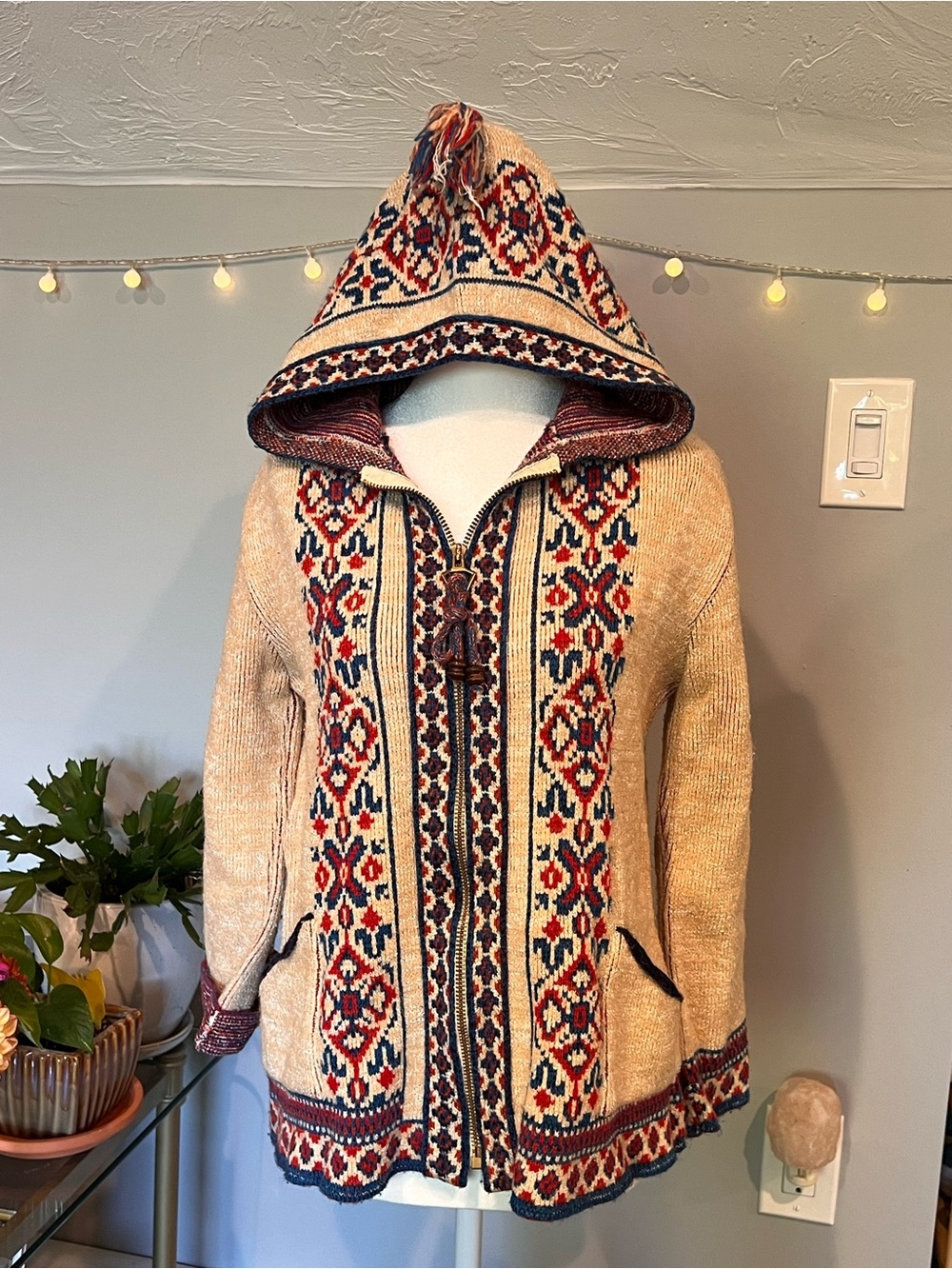 Hand-Knit Hooded Patterned Zip Cardigan Jacket - Beige with Red & Blue Accents